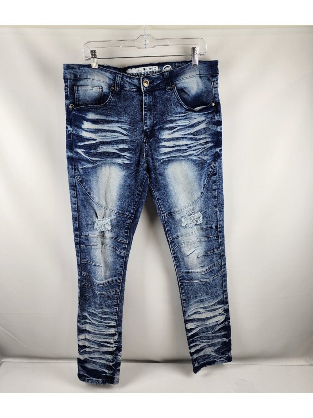 Mecca Jeans Men 34 Stretch Fit Acid Crinkle Distressed Skinny Blue Denim (34x31)